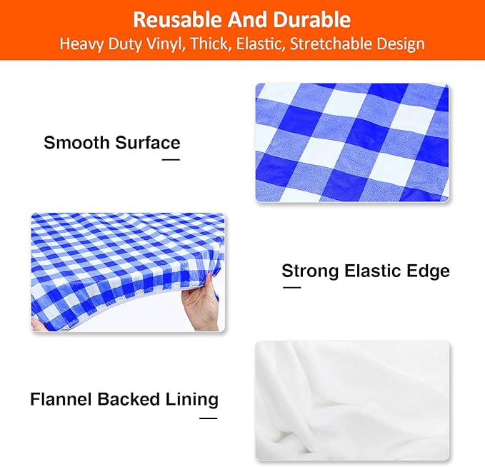 7ft Picnic Table and Bench Cover, Camping Essentials RV Gear, 84 in Waterproof Windproof Outdoor Elastic All Around Tablecloth, Fitted Rectangle Tables and Seats, Blue-White Checkered
