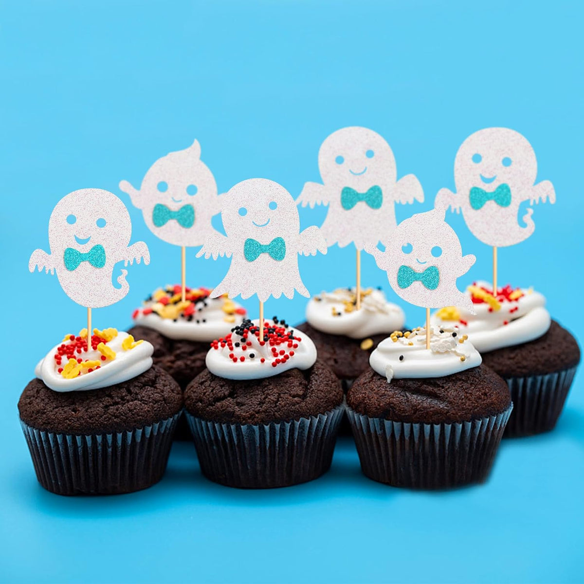 24Pcs Ghost Cupcake Toppers - Bule Halloween, Bule and White Halloween Birthday Decorations, Bule Halloween Baby Shower Decor, Ghost Decorations