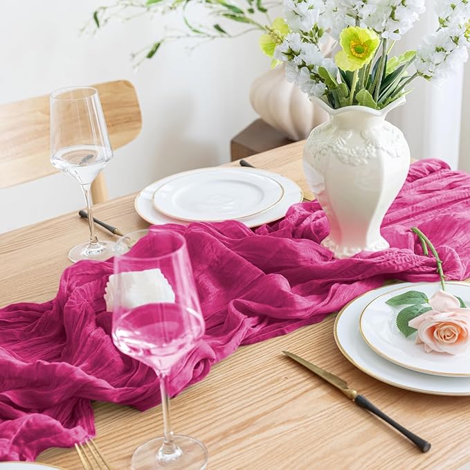 Asee'm 6pcs Cheesecloth Table Runner 120 Inches Long Fuchsia Boho Gauze Cheese Cloth Runner 10FT Rustic Sheer Table Runners for Christmas Wedding Party Baby Shower Spring Easter Decoration