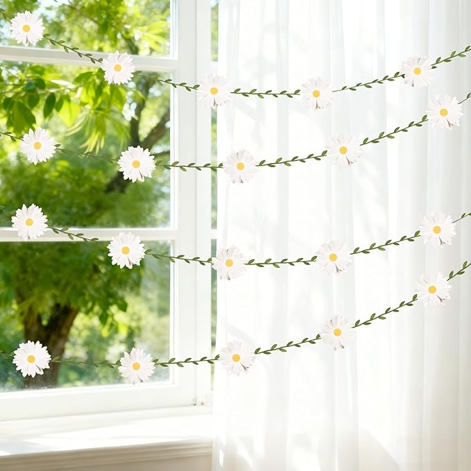 3D Daisy Flower Garland (2PCS) Flower Banner Wildflower Party Decorations Leaves Banner Paper Flower Spring Wedding Backdrop Decor