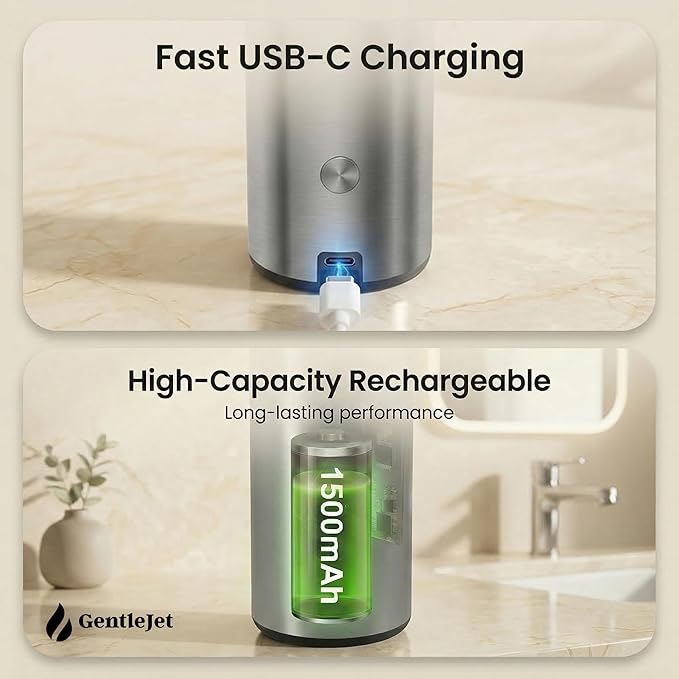 GentleJet SmoothDrop Automatic Liquid Soap Dispenser – Touchless, No-Drip Precision Pump, USB-C Rechargeable, 304 Stainless Steel, Waterproof Countertop Dispenser for Kitchen & Bathroom Sink, 270 ml