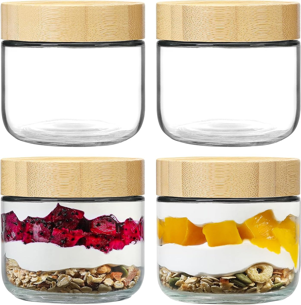 Netany 4-pack 8oz Glass jars with Airtight Lids, Overnight Oats Containers with Bamboo Lids, Wide mouth Mason Salad jars
