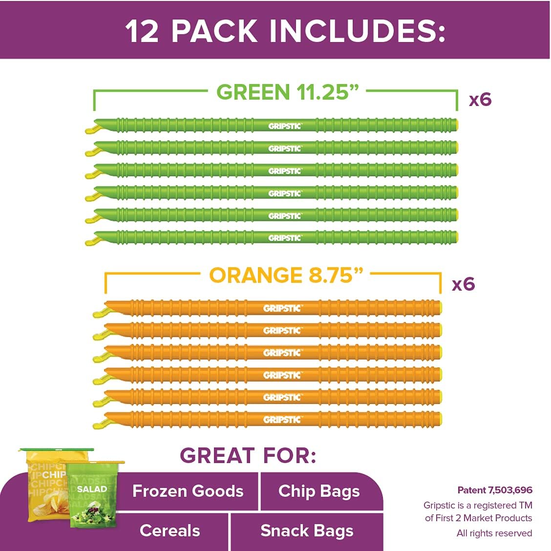 Gripstic Bag Sealer - Reusable Chip Bag Clips. Patented. Airtight & Waterproof Seal on Food Storage Bags, Kids Snacks & More. Near Zero Waste