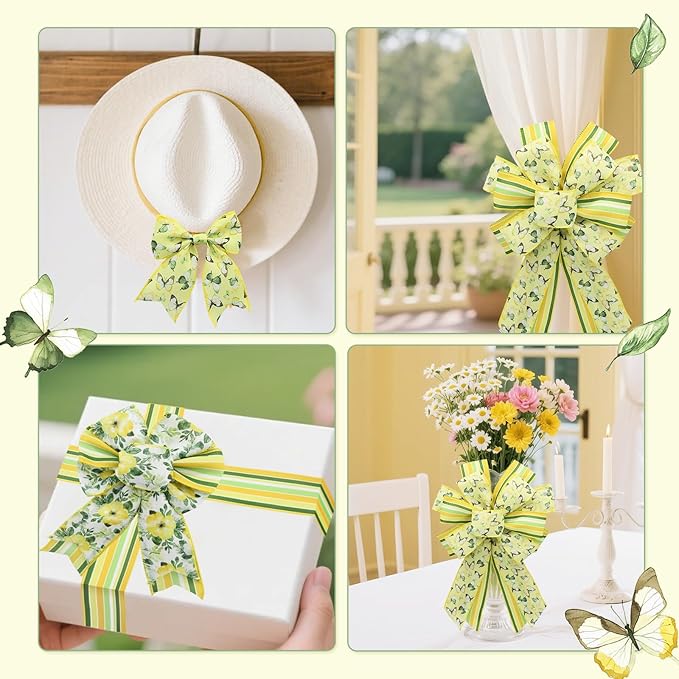 4 Rolls Floral Wired Edge Ribbon – Spring Summer Yellow Grosgrain with Butterfly, Lemon & Flower Motifs for Gift Wrapping, Wedding Decor, DIY Crafts (2.5 Inch, 5 Yards Each)