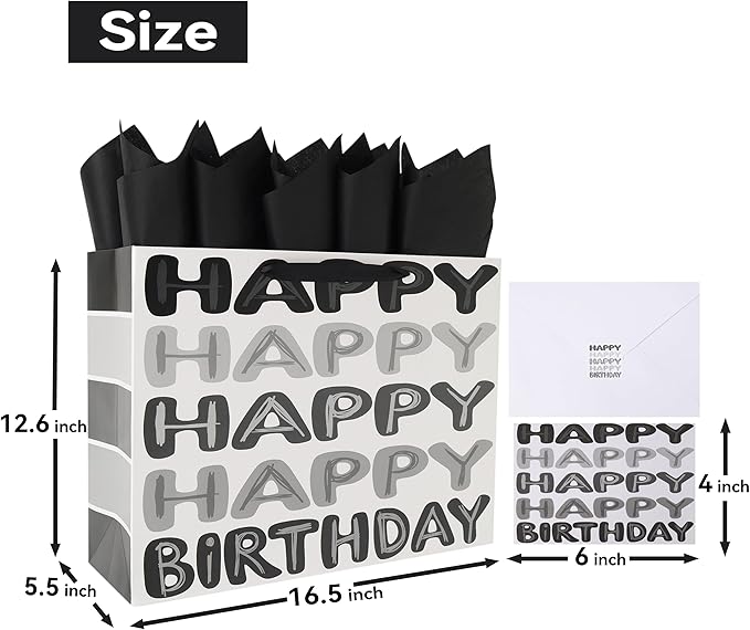 Qirrmiy 16.5" Extra Large Black Happy Birthday Gift Bag Set with Handles, Greeting Card, Tissue Papers and Stickers for Men Boys Kids Teens, Words Design, 1 Pcs