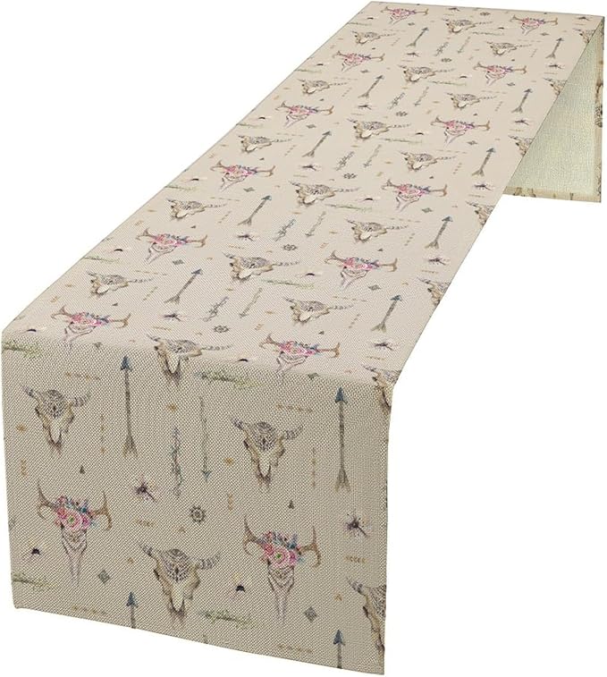 Western Boho Table Runner, Aztec Native Tribal Bull Skull Southwestern Bohemian Geometric Floral Pattern Table Runner for Home Kitchen Dining Party Farmhouse Cafe 13x36in