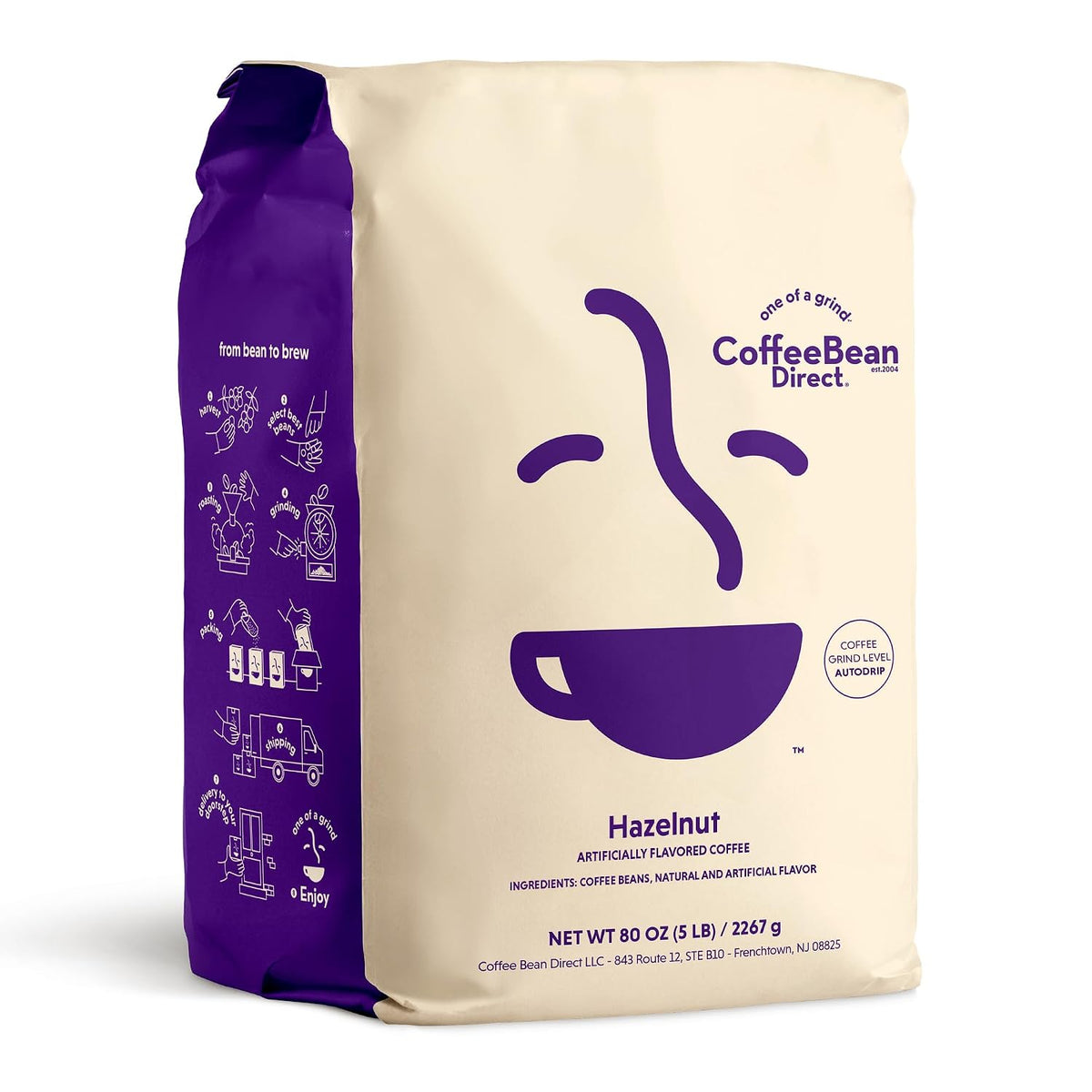 Coffee Bean Direct Hazelnut Flavored, Ground Coffee, 5lb Bag | Light Roast, Gourmet Flavored Coffee, Ground for Drip or Pour Over