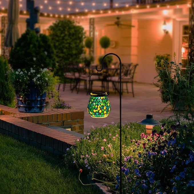 Starsoul 4 Pack Solar Lanterns Outdoor Waterproof, Unique Green Mosaic Glass Solar Garden Lights, Decorative Outdoor Lantern for Outside Patio Pathway Porch Yard Table