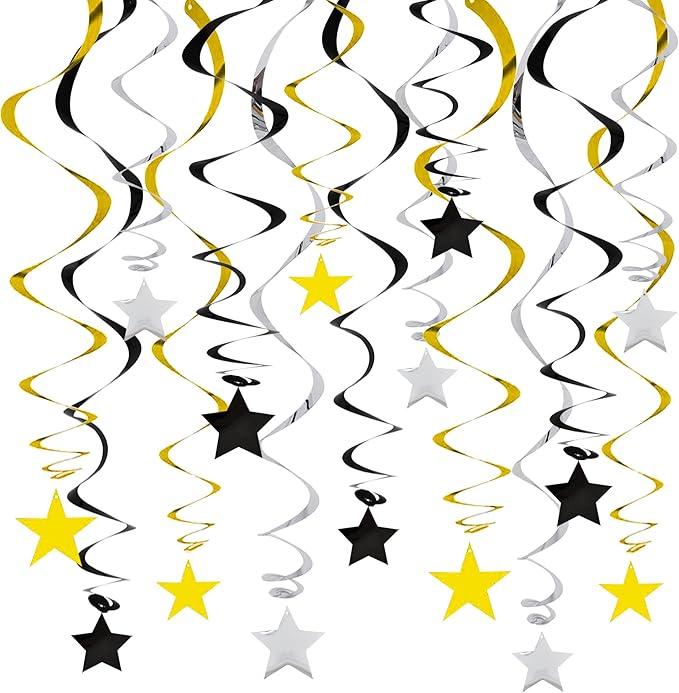 BEISHIDA Black Gold Silver Star Hanging Swirl Decorations,Graduation Birthday Hanging Party Supplies for Graduation Wedding Baby Shower Birthday Decorations,Pack of 15