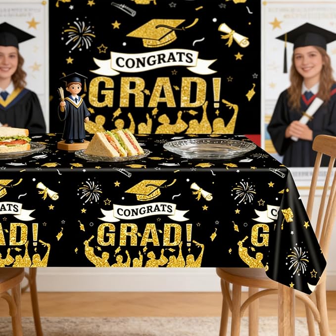 2 Pack Graduation Tablecloth, Class of 2026 Congrats Grad Table Cloths Disposable Plastic Rectangle Black Gold Table Cover for Graduation Tables Decorations Party Decor Supplies Favors,108 x 54 Inch