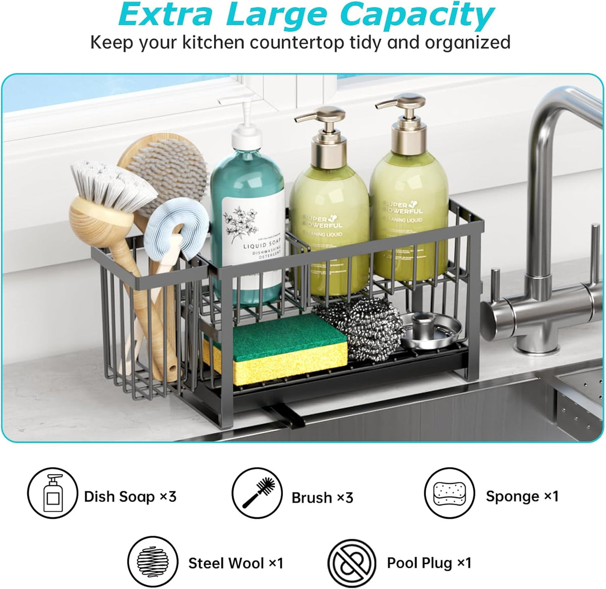 Sponge Holder for Kitchen Sink, 2 Tier Sink Caddy Organizer Countertop with Dish Brush Holder and 360° Drain Tray, Rustproof Stainless Steel Dish Soap Storage Rack Set for Accessories Grey