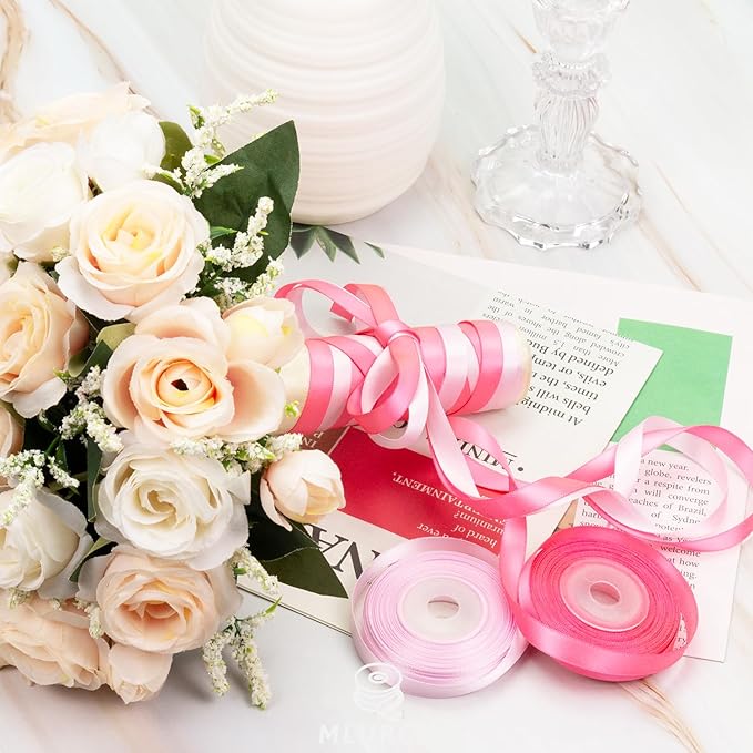 Pink Ribbon Thin 3/8 Inch x 60Yds Assorted Double Faced Pink Satin Ribbon Set for Flower Bouquet, Gift Wrapping, Wedding Invitation, Bridal Shower, Baby Shower, Hair Bows and Crafts