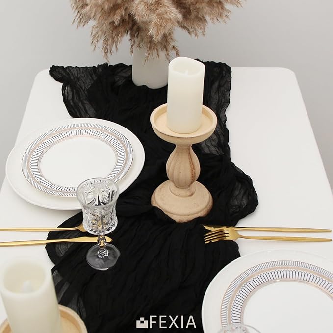 FEXIA 6 Pack Black Table Runner 35x120 Inches Gauze Rustic Farmhouse Gothic Decor for Halloween Thanksgiving First Communion Centerpiece Table Decorations (Black)