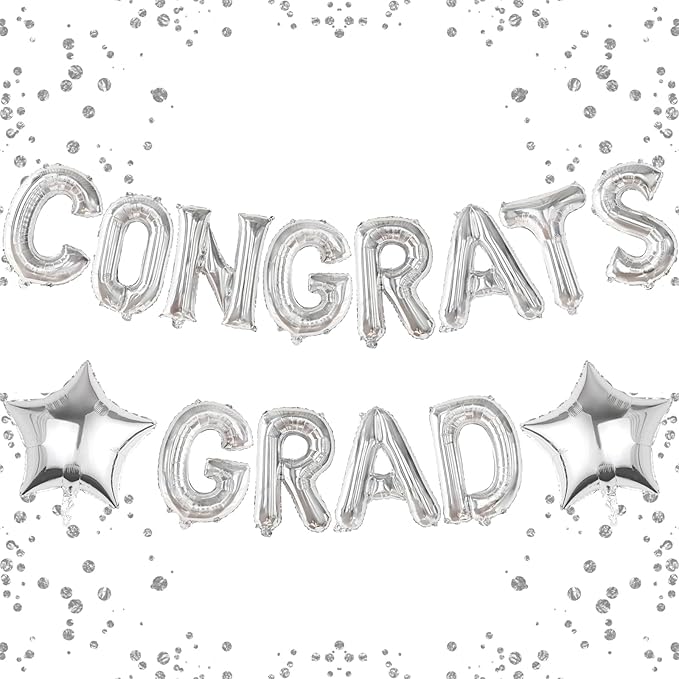 16 Inch Silver Congrats Grad Banner Balloons Congrats Grad Letters Balloons Graduation Decorations 2026 for Graduation Celebration Party Supplies