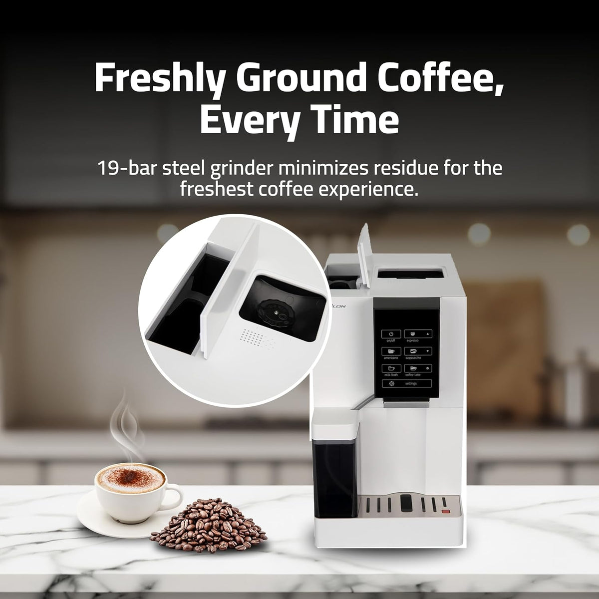 Epsilon Fully Automatic Coffee Machine, Modern One Touch Espresso Machine, Integrated Milk Frother and Custom Brewing Cafe Maker