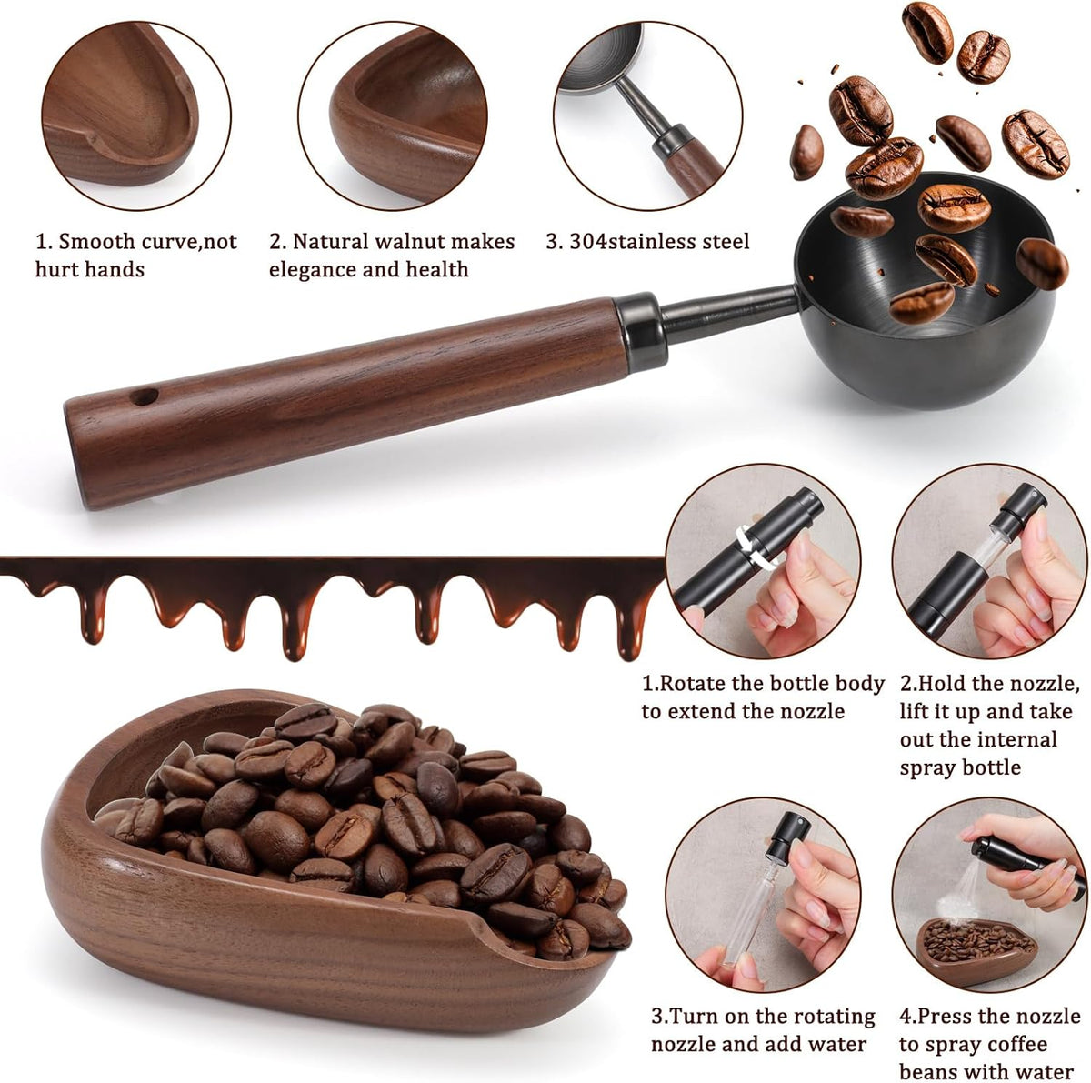 3pcs Coffee Bean Dosing Cup Set with Gift Box, Dosing Walnut Wood Cups Stainless Steel Spoon Portable Spray Bottle Static Reduction Precise Measuring