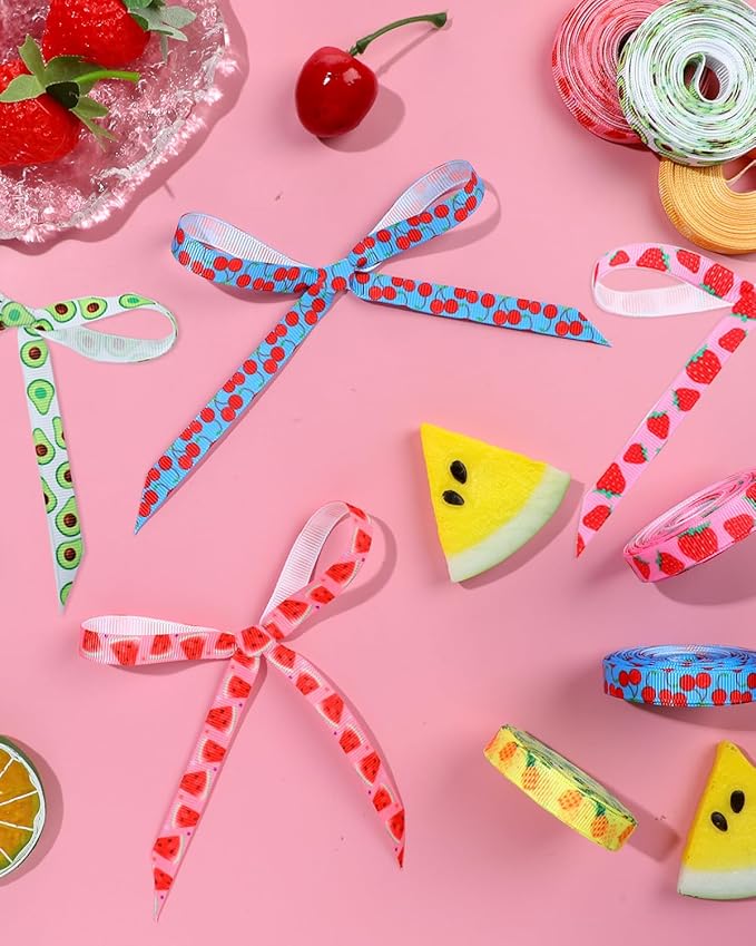 6 Rolls 30 Yards Fruit Themed Ribbon 2/5inch Strawberry Pineapple Watermelon Grosgrain Ribbon for Spring Summer Wreaths, Trims, Gift Wrapping (Fruit)
