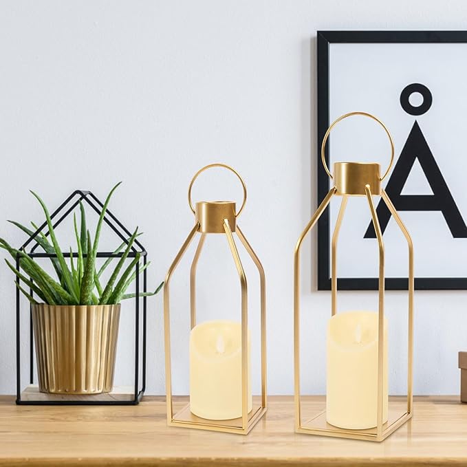 HPC Decor Modern Farmhouse Lantern Decor - 2PCS Gold Metal Candle Lanterns with Waterproof Flickering Candle & Remote Timer, Lanterns Decorative for Living Room, Home, Indoor, Outdoor, Table Decor.