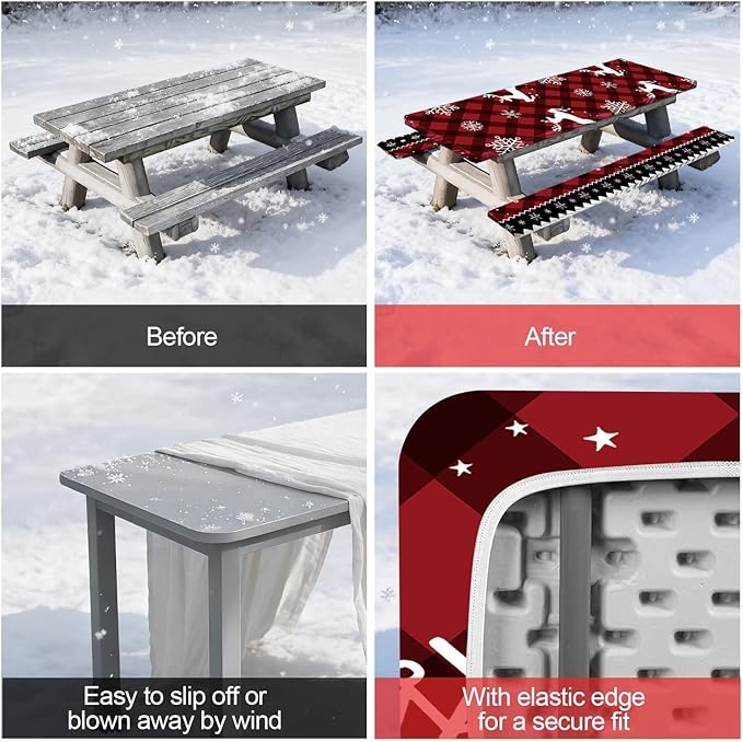 Picnic Table Cover with Bench Covers Set of 3, Elastic Fitted Tablecloth for 6 Foot Tables, Washable Polyester Tablecloths for Camping, Indoor & Outdoor