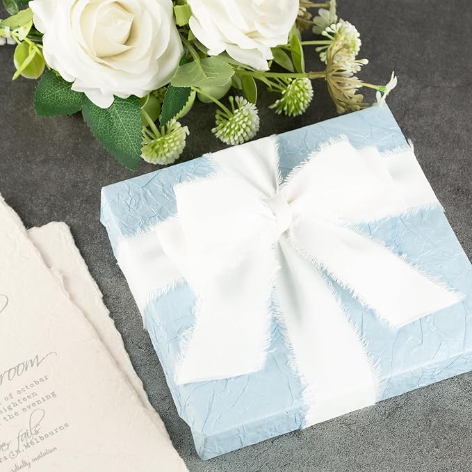 White Cotton Ribbon 1-1/2 Inch White 3 Rolls 21 Yards Frayed Edge Fabric Set for Wedding Invitations, Bridal Bouquet Wrap, Baby Shower, Christening & Gift Wrapping