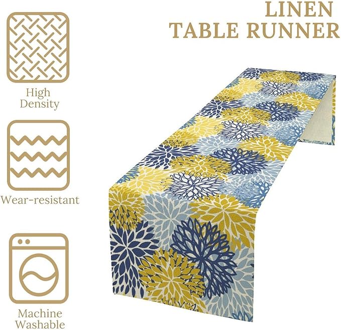 Dahlia Flower Table Runner,Blue Yellow Floral Print Table Runner for Kitchen Dining Table Dinner Holiday Home Party Indoor Outdoor Decor 13x70in