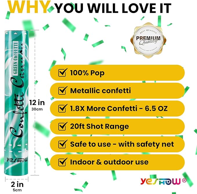 Confetti Cannon Poppers Green, Green Mylar Confetti Party Poppers for Graduation, Birthday Party, Nature Party Christmas Eve and New Year Celebration St. Patrick's Day - 6 PACK
