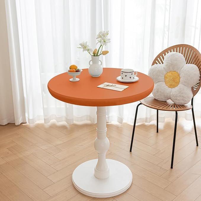 Fall Round Fitted PU Tablecloth with High Elastic Edge 24 Inch Dia Waterproof Oil Proof Table Cloth Anti-Scald Stain-Resistant Wipeable Table Cover for Indoor Outdoor Picnic (Orange,24" Dia)