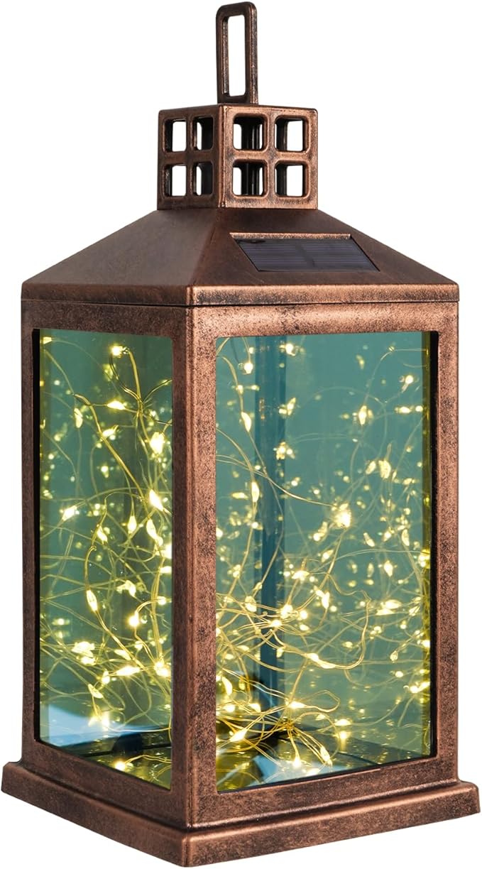 Solar Lantern Outdoor, Garden Hanging Lantern Solar Powered - Glass Waterproof Brushed Copper Solar Table Lantern Decorative Lights Flash and Steady-on Modes for Patio, Backyard, Garden