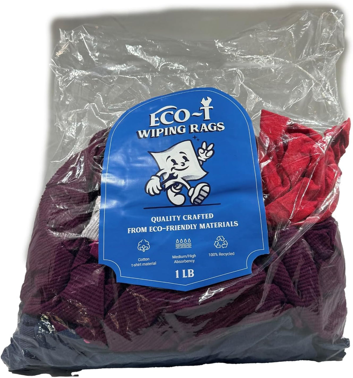 1 Lb Bag Eco-T Mechanic Shop Rags - Colored T-Shirt Material, 100% Recycled, Eco-Friendly, High Absorbency, Low Lint, Low-Cost, Industrial Use Wiping Cloth