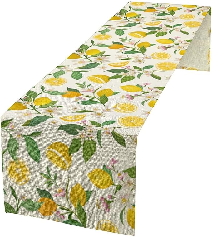 Yellow Lemon Table Runner,Spring Floral Summer Fruits Print Table Decoration for Farmhouse Kitchen Dinner Dining Table Holiday Party Home Decor 13x36in