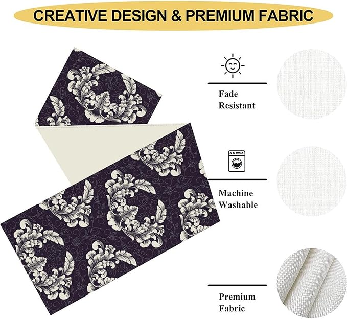 Gothic Table Runner, Antique Retro Damask Floral Bohemian Boho Purple Rustic Vintage Coffee Table Center Decor for Kitchen and Dining Outdoor Home Country Party Table Decorations, 13"x90"
