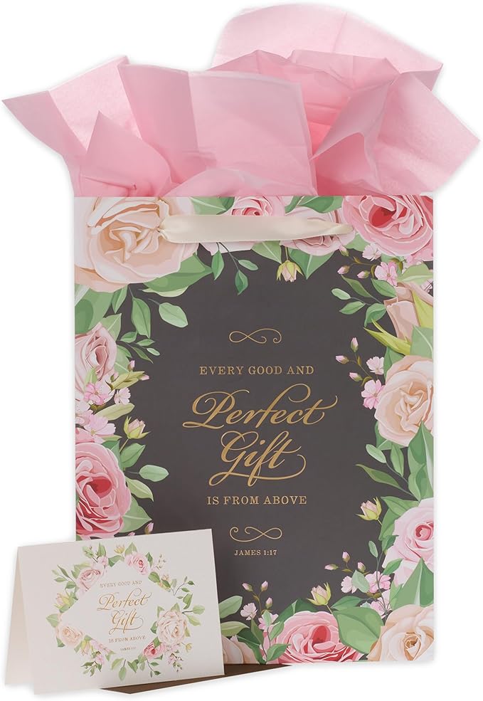 Christian Art Gifts Portrait Gift Bag with Card and Tissue Paper Set - Every Good Gift - James 1:17 Inspirational Bible Verse, Pink Rose Floral, Large