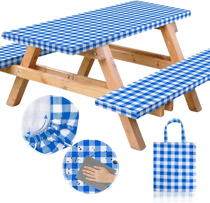 RNOONY Vinyl Fitted Picnic Table Cover with Bench Covers and Bag, 6ft Outdoor Waterproof Picnic Tablecloth with Elastic Edges, 72x30 Inches 3 Pcs Set (Blue Checkered)