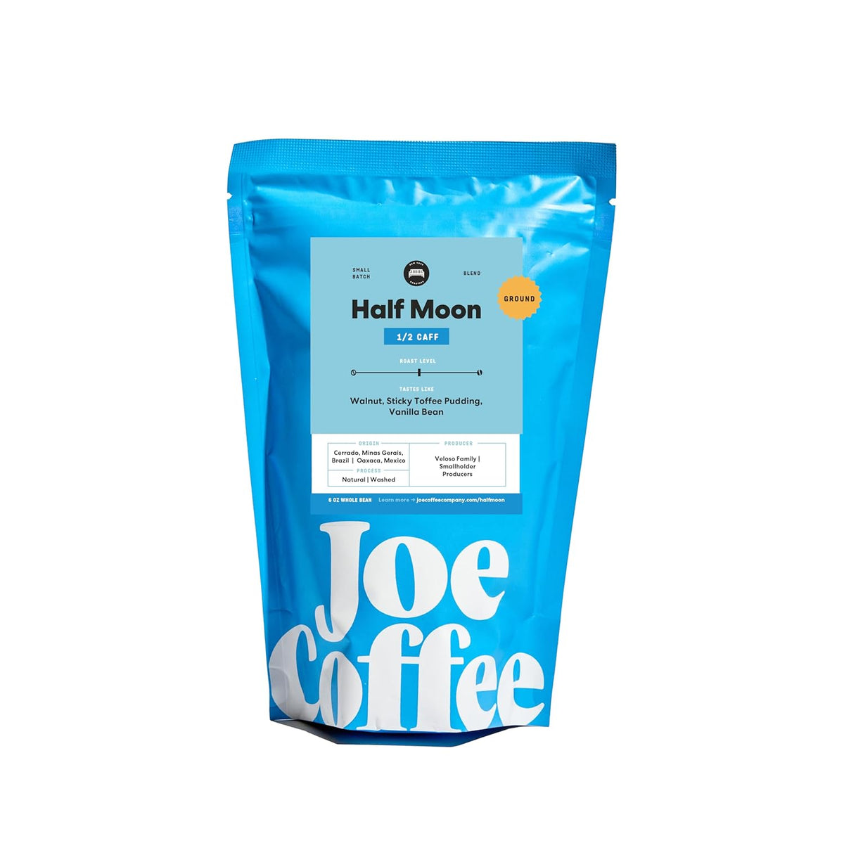 Joe Coffee Company - Half Moon Half Caffeinated Ground Specialty Coffee, 6 oz Bag, NYC Roaster, Rainforest Alliance Certified, Kosher