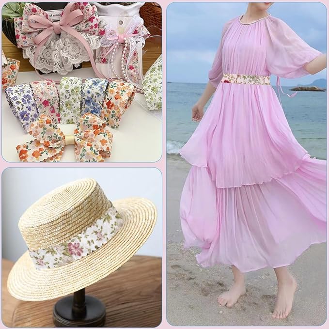 3 Rolls 6 Yards 1 Inch Floral Printed Ribbon Vintage Flower Pattern Wavy Edge Spring Summer Decorative Fabric Ribbons for Sewing Bow Wreath Bouquets Decor Gift Wrapping DIY Craft Supply