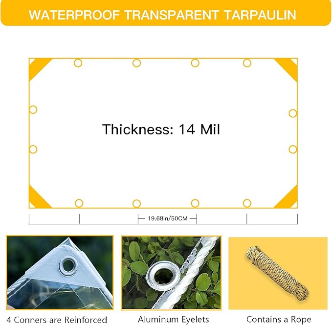 Clear Tarps Heavy Duty PVC, Transparent Tarp Durable Waterproof Dustproof Windproof, Tarpaulin with Grommets & Ropes for Greenhouse, Patio, Garden, Pavilion, Chicken, Porch, Outdoor（5' x 7'）