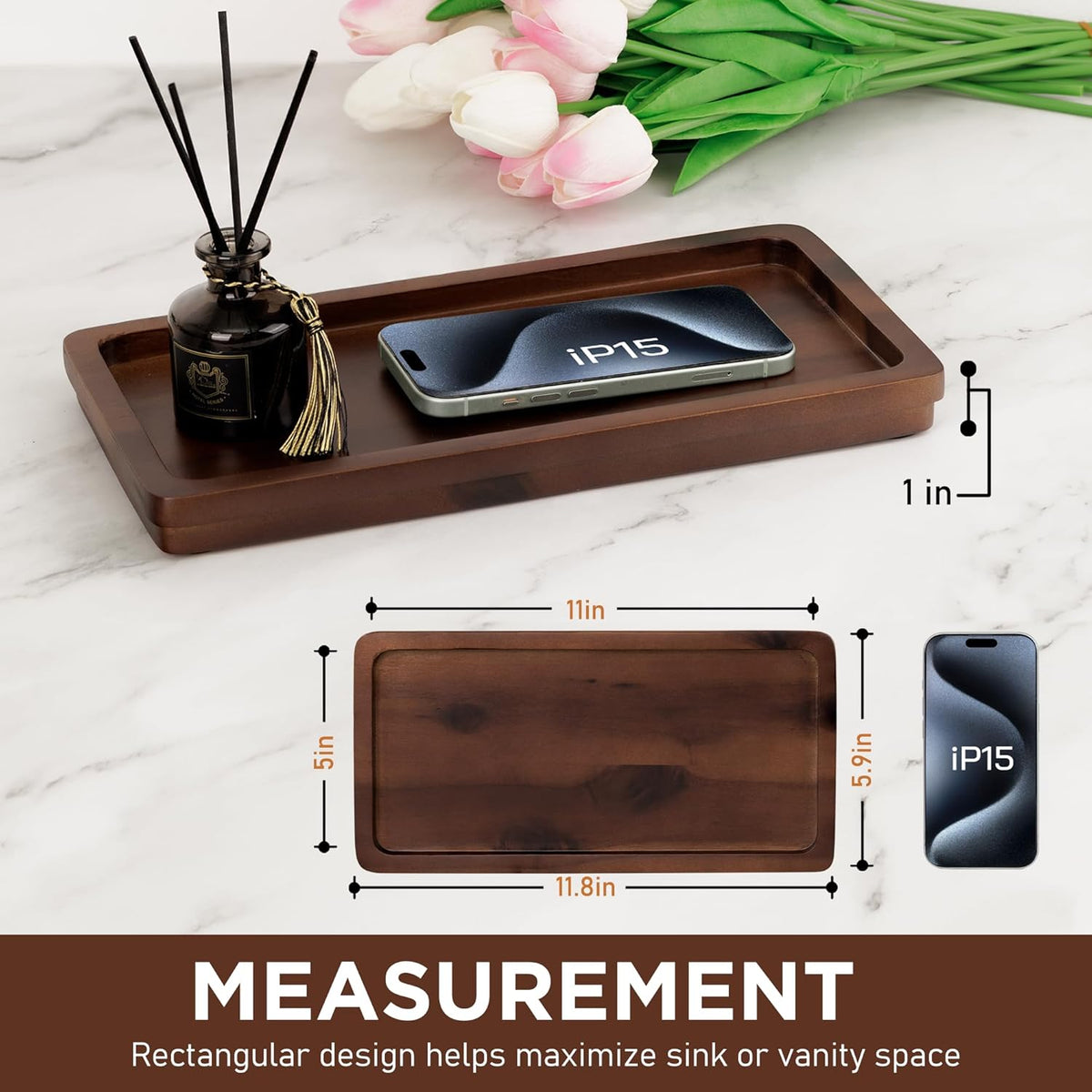 Bathroom Vanity Tray 11.8x5.9in of Acacia Wood - Elegant Organizer for Cosmetics, Jewelry, Perfume, Candle, Key - Premium Wood Tray for Bathroom