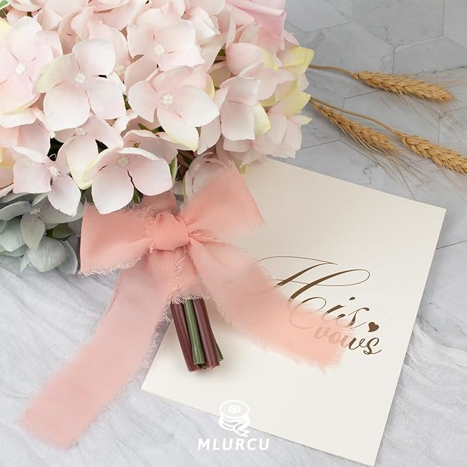 Blush Rose Chiffon Ribbon - 1.5 Inch x 21 Yards, Frayed Silk Boho Ribbon for Gift Wrapping, Wedding Invitations, Bridal Bouquets