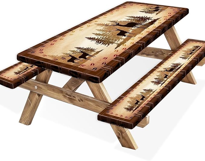 30X72 Inch Brown Deer Picnic Table Cover with Bench Cover and Drawstring Bag, Waterproof Washable Fitted Outdoor Tablecloth Rectangular Elastic Edged for Camping Outdoor Travel, 3 Pieces Set