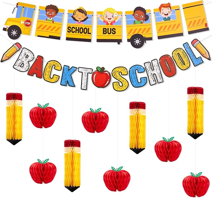 Back to School Party Decoration Set School Bus and Colorful Letters with Apple and Pencil Hanging Honeycomb Decorations