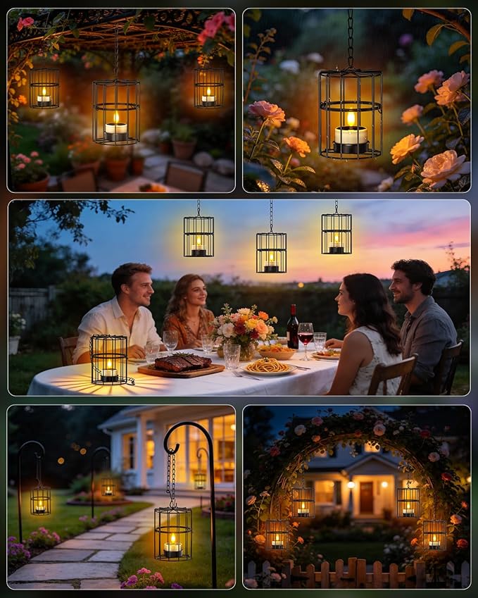 Yme Solar Hanging Lanterns Outdoor Waterproof, 2 Large 2 Small Hanging Candle Holders - 4PCS Flickering Flameless LED Solar Tea Lights, Outdoor Decor for Patio Garden Backyard Tree Fence Pergola