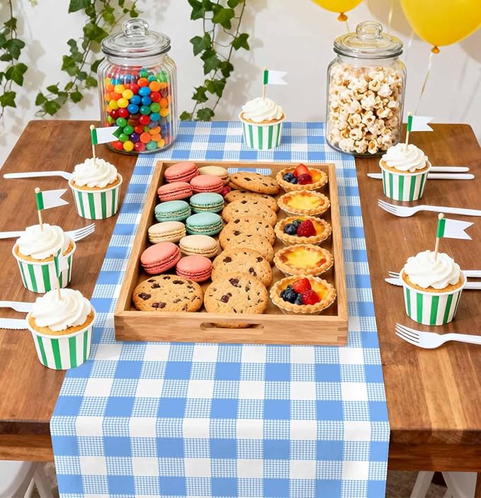 6 Pcs Light Blue and White Checkered Table Runner Plastic 14 x 108 Disposable Baby Blue Gingham Table Runner for Birthday Wedding Baby Shower Party Table Centerpiece Decorations
