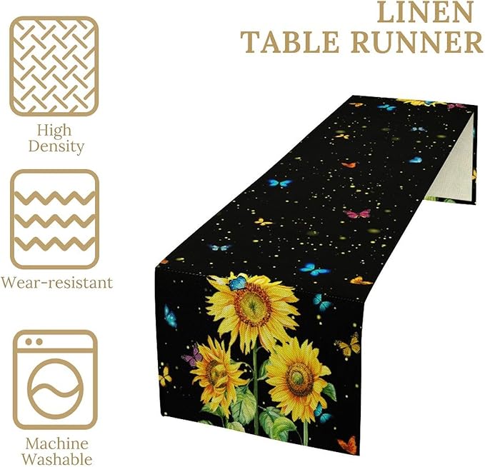 Farmhouse Sunflower Table Runner, Black Starry Spring Yellow Flowers Botanical Butterfly Table Runners for Dining Kitchen Holiday Party Table Decor, 13x60inch