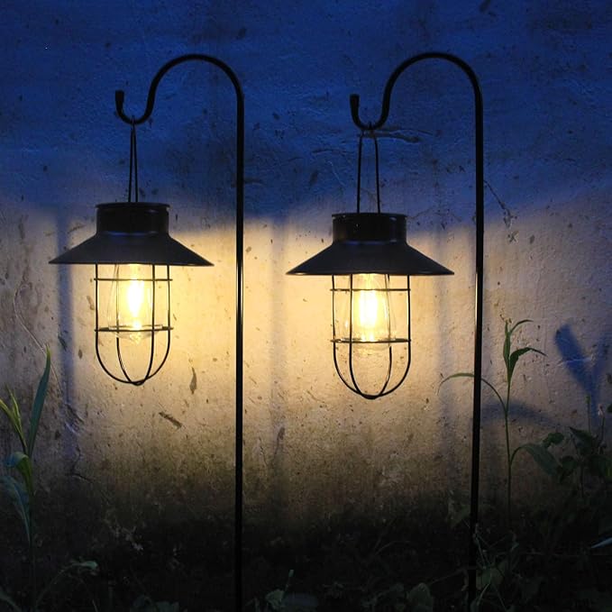 Solar Lantern 2pack Outdoor Hanging Light- Waterproof Vintage Metal Light with Shepherd Hook Decorative for Patio, Backyard, Porch, Yard (Black)