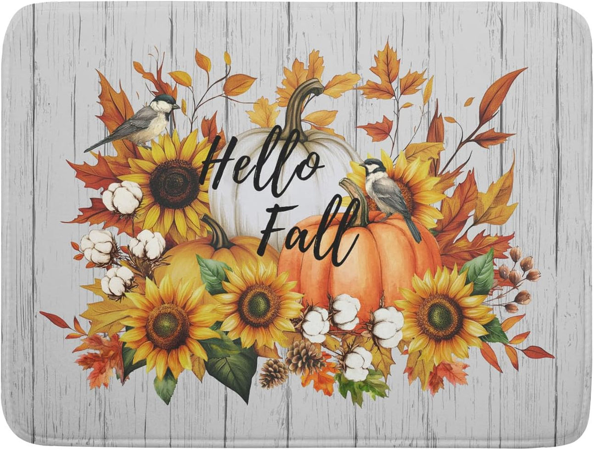 Hello Fall Sunflowers Dish Drying Mat for Kitchen Counter,Autumn Pumpkin Maple Leaves Drying Mat 18 x 24 Inch with High Absorbent Microfiber Dish