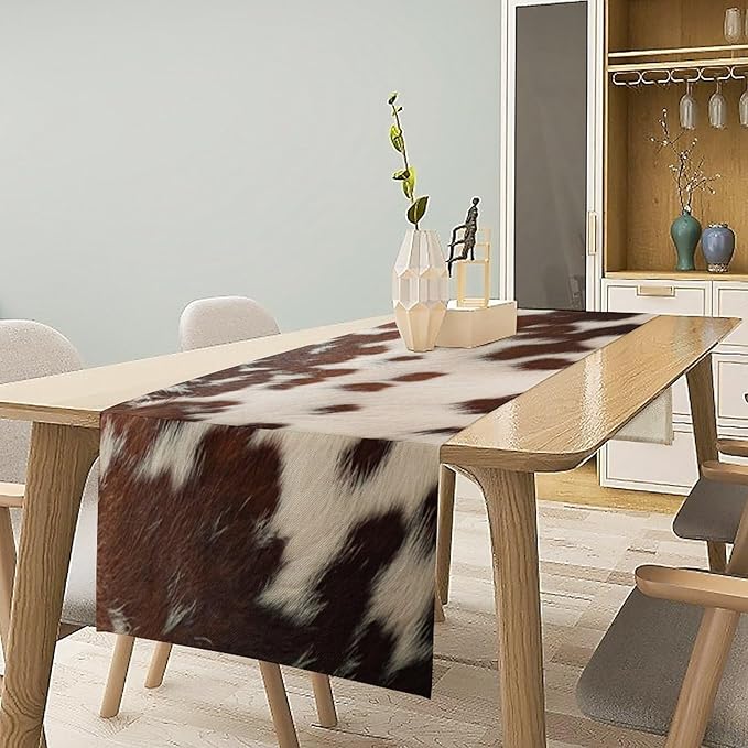 Cow Print Table Runner, Western White Brown Cowhide Rustic Coffee Table Runner for Home Kitchen Dining Room Farmhouse 13x90in