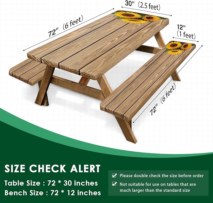 Sunflower Wooden Picnic Table Cover with Bench Covers, Rustic Summer Floral Farmhouse Outdoor Camping Essentials 6FT 3PCS Fitted Rectangle RV Must Haves Tablecloth with Drawstring Bag