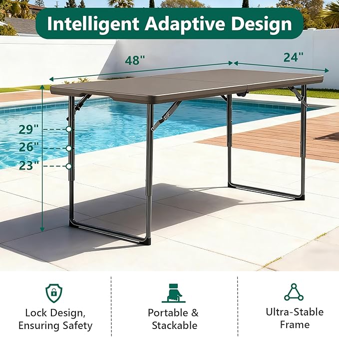 Folding Table, 4FT Foldable Picnic Table with Carrying Handle, Heavy Duty Fold-in-Half Portable Table for Weddings, Camping, RV Travel, Parties, BBQs, and Indoor Use, Easy to Fold and Store, Khaki