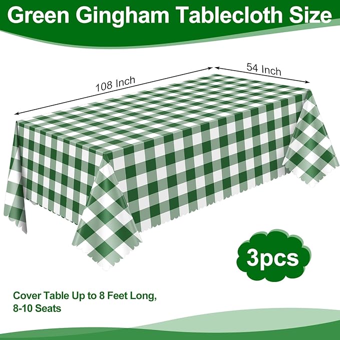 NatNarr 3 Pack Green Gingham Tablecloths, 54 X 108Inch Disposable Scalloped Green and White Checkered Table Cloth, Waterproof Table Cover for Party Picnic Birthday Barbecue Camping Wedding