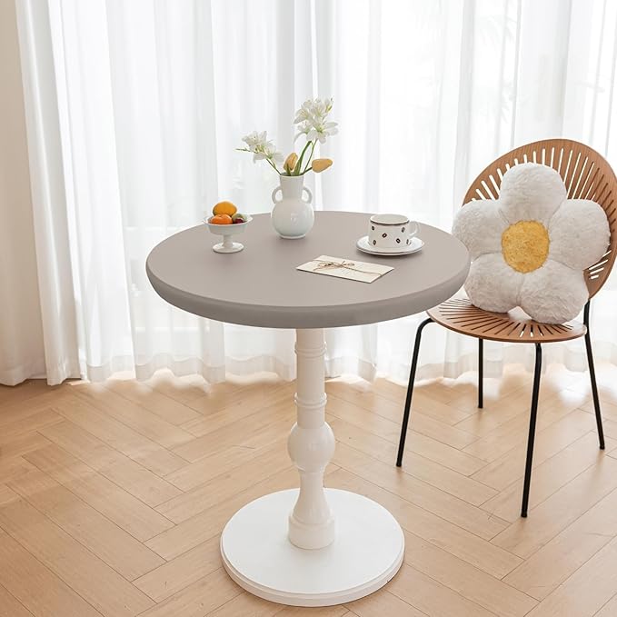 Round Fitted PU Tablecloth with High Elastic Edge 28 Inch Dia Waterproof Oil Proof Table Cloth Anti-Scald Stain-Resistant Wipeable Table Cover for Indoor Outdoor Picnic (Grey,28" Dia)